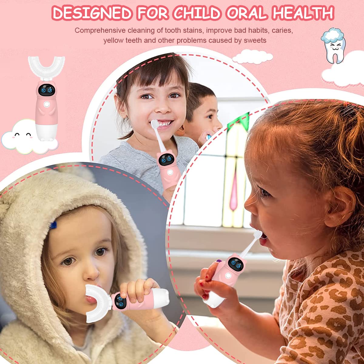 HANNEA Electric Toothbrush For Kids with 3 Brush Head, Soft Dupont Kids Electric Toothbrush with LED Light Design, Battery Powered U Shaped Toothbrush For Kids, Automatic Brush for Kid 8-12, 2-5 HANNEA Electric Toothbrush For Kids with 3 Brush Head, Soft Dupont Kids Electric Toothbrush with LED Light Design, Battery Powered U Shaped Toothbrush For Kids, Automatic Brush for Kid 8-12, 2-5